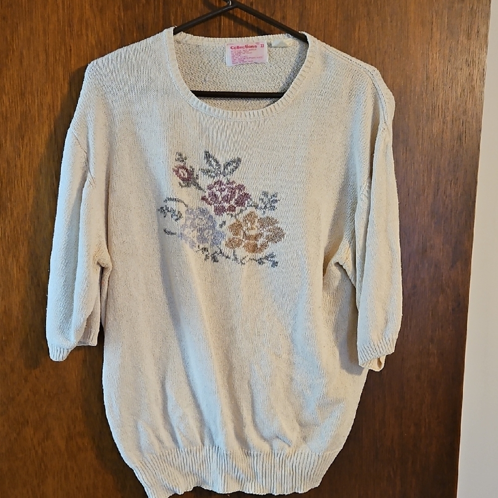 Floral Embroidered Cream Sweater, Sz 46, Collections II
